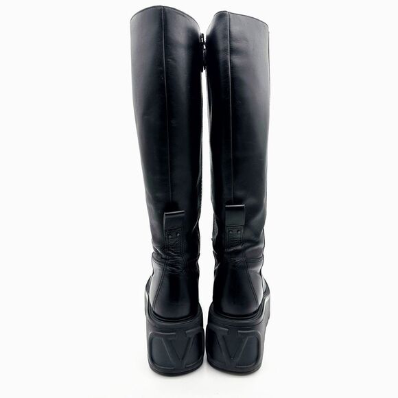 VALENTINO Black Uniqueform VLogo Tall Platform Wedge Boot Size 38.5 Heel Leather - Picture 7 of 11
